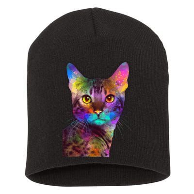 Trippy Colorful Cat Short Acrylic Beanie