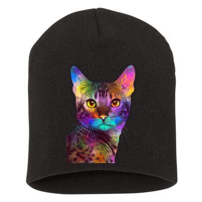 Trippy Colorful Cat Short Acrylic Beanie