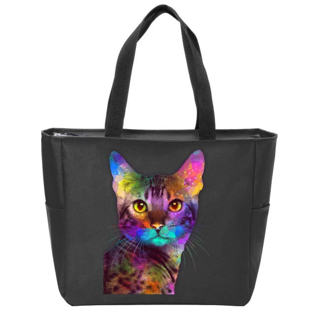 Trippy Colorful Cat Zip Tote Bag
