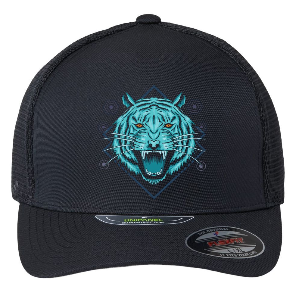 Trippy Cyan Tiger Graphic Flexfit Unipanel Trucker Cap