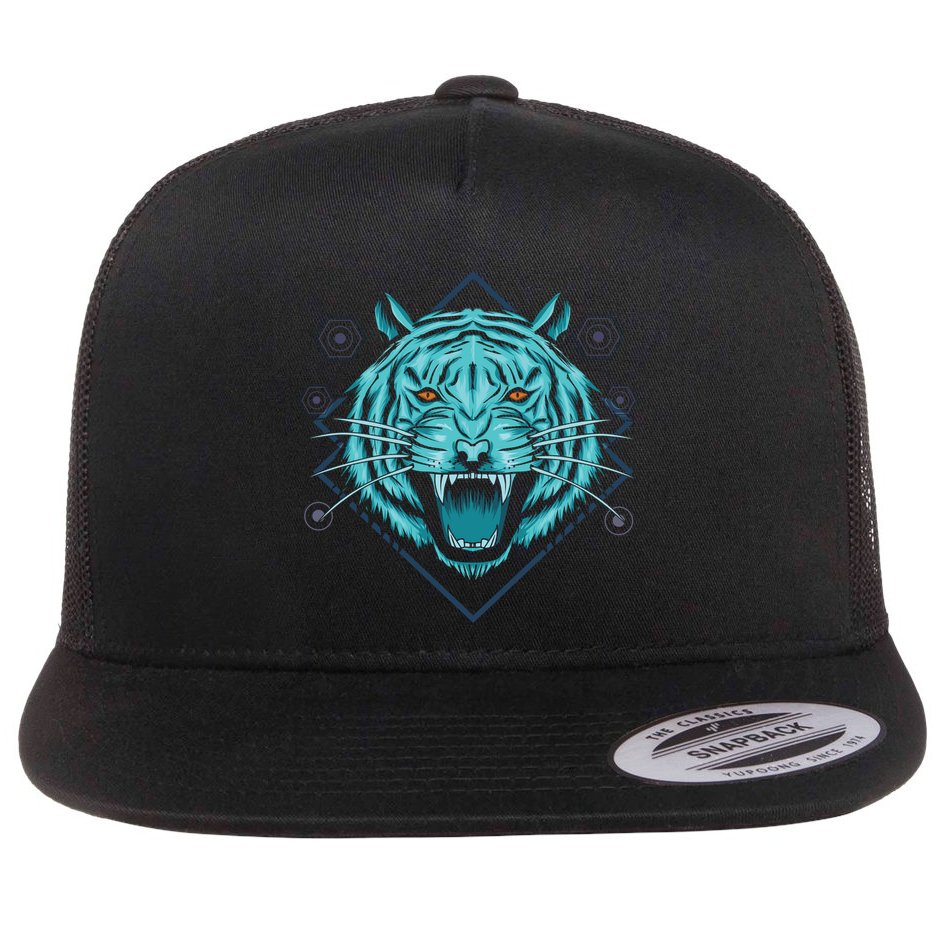 Trippy Cyan Tiger Graphic Flat Bill Trucker Hat