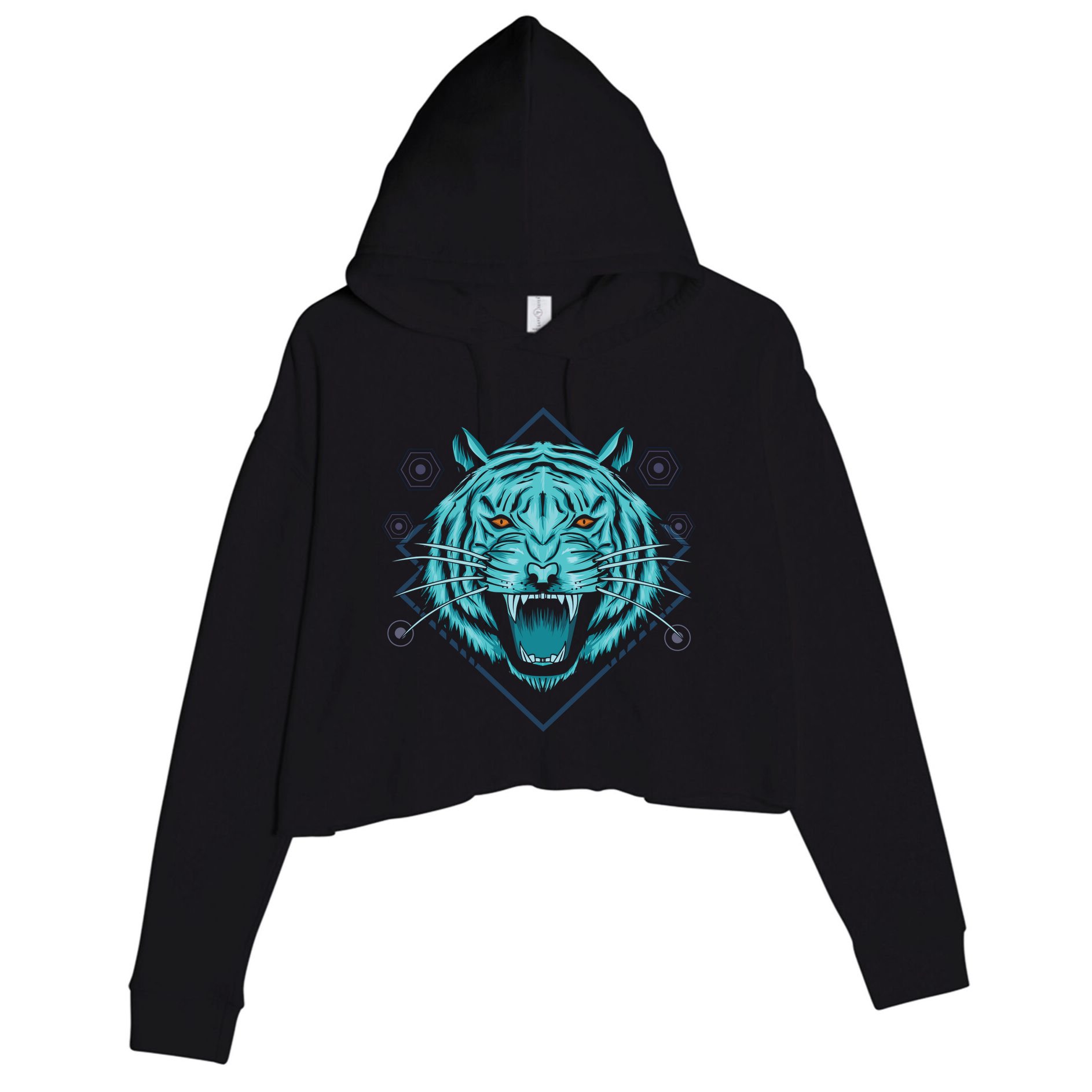 Trippy Cyan Tiger Graphic Crop Fleece Hoodie