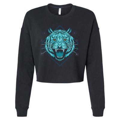 Trippy Cyan Tiger Graphic Cropped Pullover Crew