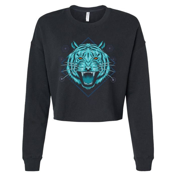 Trippy Cyan Tiger Graphic Cropped Pullover Crew