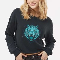 Trippy Cyan Tiger Graphic Cropped Pullover Crew