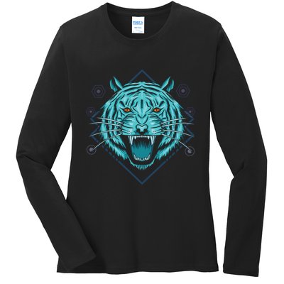 Trippy Cyan Tiger Graphic Ladies Long Sleeve Shirt