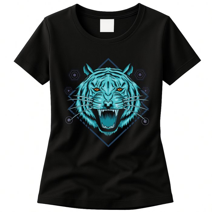 Trippy Cyan Tiger Graphic Womens T-Shirt