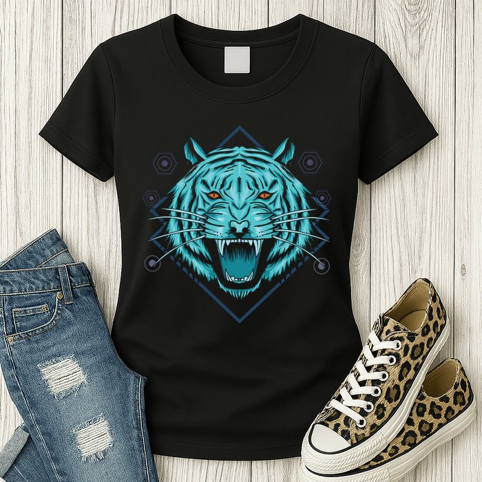 Trippy Cyan Tiger Graphic Womens T-Shirt