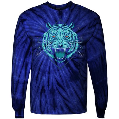 Trippy Cyan Tiger Graphic Tie-Dye Long Sleeve Shirt