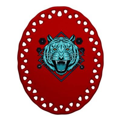 Trippy Cyan Tiger Graphic Ceramic Oval Ornament