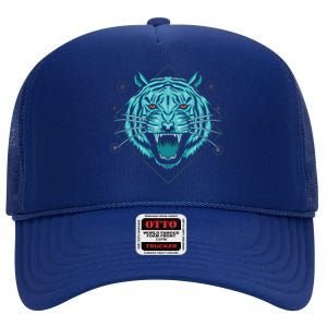 Trippy Cyan Tiger Graphic High Crown Mesh Back Trucker Hat