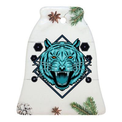 Trippy Cyan Tiger Graphic Ceramic Bell Ornament