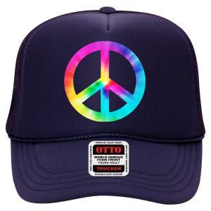 Trippy Rainbow Peace Sign High Crown Mesh Back Trucker Hat