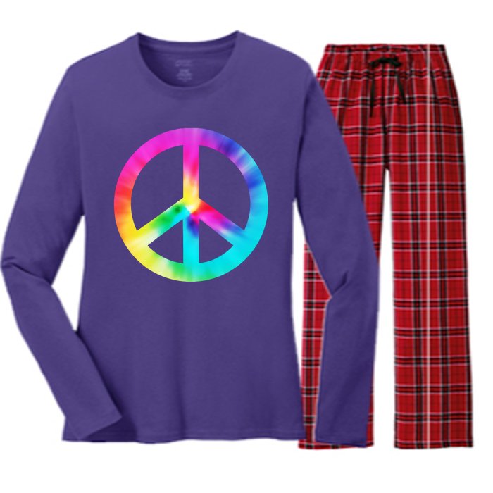 Trippy Rainbow Peace Sign Women's Long Sleeve Flannel Pajama Set 