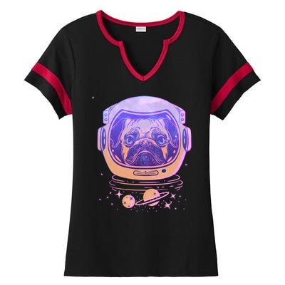 Trippy Space Colors Astronaut Pug Dog Ladies Halftime Notch Neck Tee