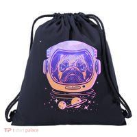 Trippy Space Colors Astronaut Pug Dog Drawstring Bag