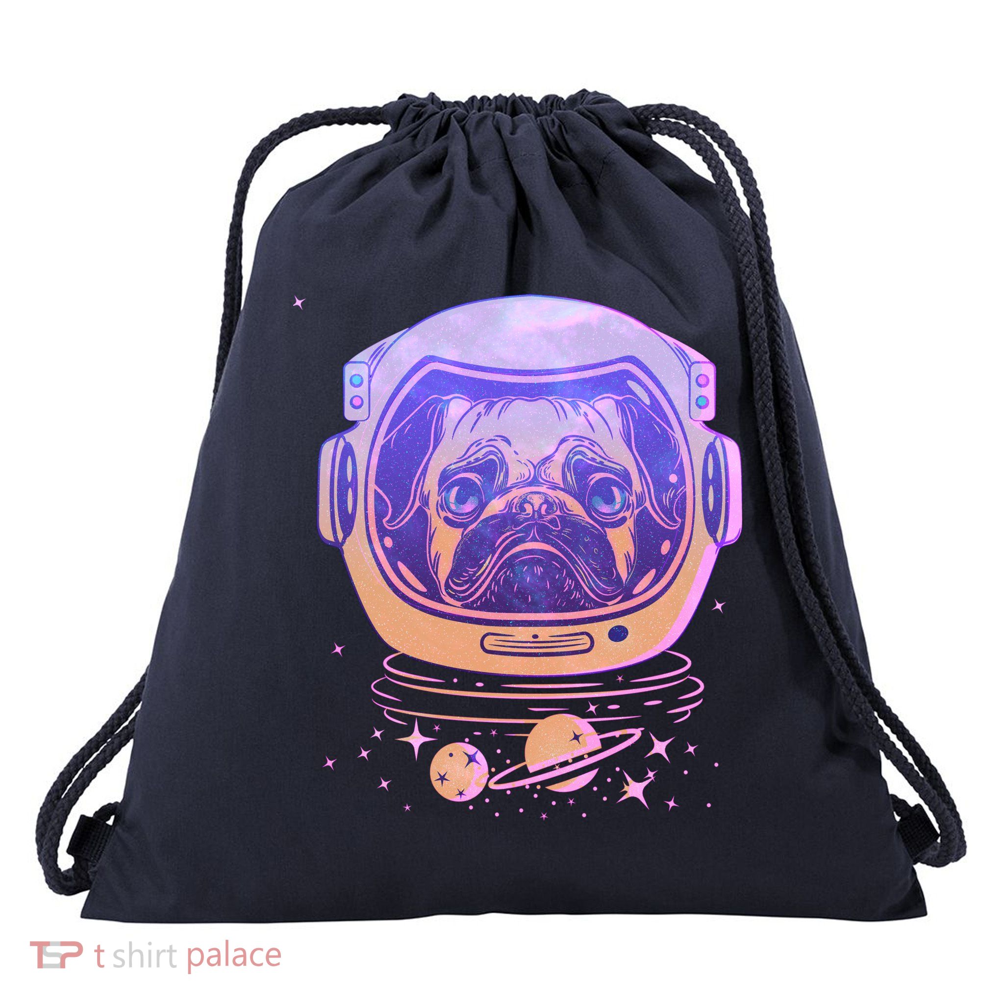 Trippy Space Colors Astronaut Pug Dog Drawstring Bag