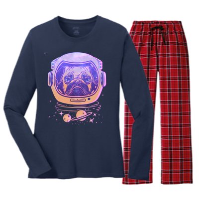 Trippy Space Colors Astronaut Pug Dog Women's Long Sleeve Flannel Pajama Set 