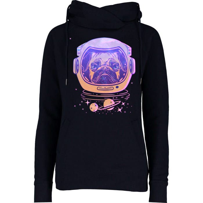 Trippy Space Colors Astronaut Pug Dog Womens Funnel Neck Pullover Hood