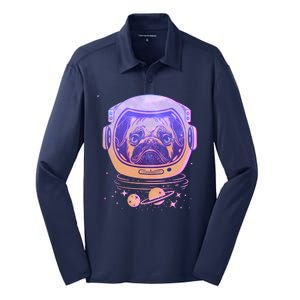 Trippy Space Colors Astronaut Pug Dog Silk Touch Performance Long Sleeve Polo