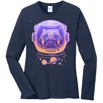 Trippy Space Colors Astronaut Pug Dog Ladies Long Sleeve Shirt