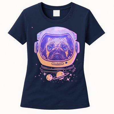 Trippy Space Colors Astronaut Pug Dog Womens T-Shirt