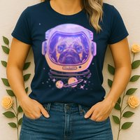 Trippy Space Colors Astronaut Pug Dog Womens T-Shirt