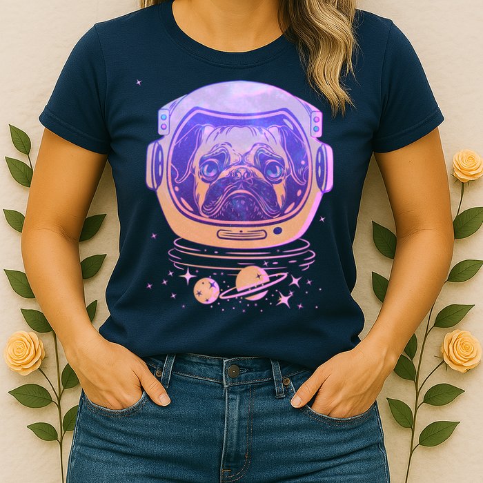 Trippy Space Colors Astronaut Pug Dog Womens T-Shirt