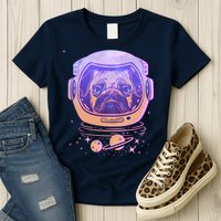 Trippy Space Colors Astronaut Pug Dog Womens T-Shirt