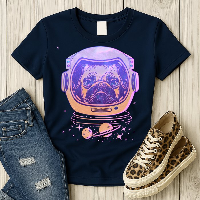 Trippy Space Colors Astronaut Pug Dog Womens T-Shirt