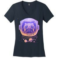 Trippy Space Colors Astronaut Pug Dog Women's V-Neck T-Shirt