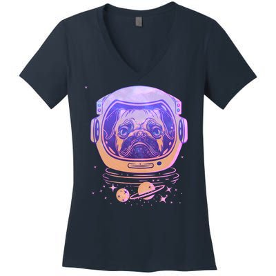 Trippy Space Colors Astronaut Pug Dog Women's V-Neck T-Shirt