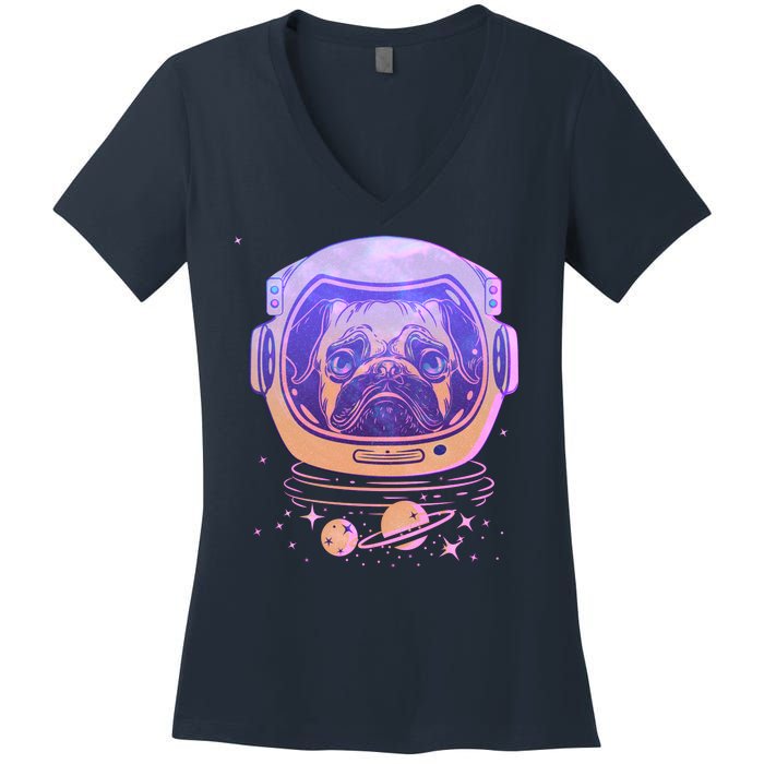 Trippy Space Colors Astronaut Pug Dog Women's V-Neck T-Shirt