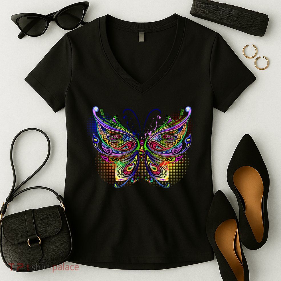 Trippy Variegated Butterfly Women's V-Neck T-Shirt