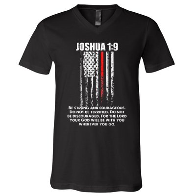 Thin Red Line Firefighter Bible Verse Christian V-Neck T-Shirt