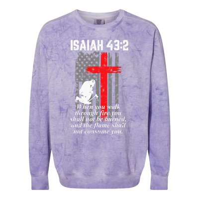 Thin Red Line Firefighter Cross Bible Verse American Flag Colorblast Crewneck Sweatshirt