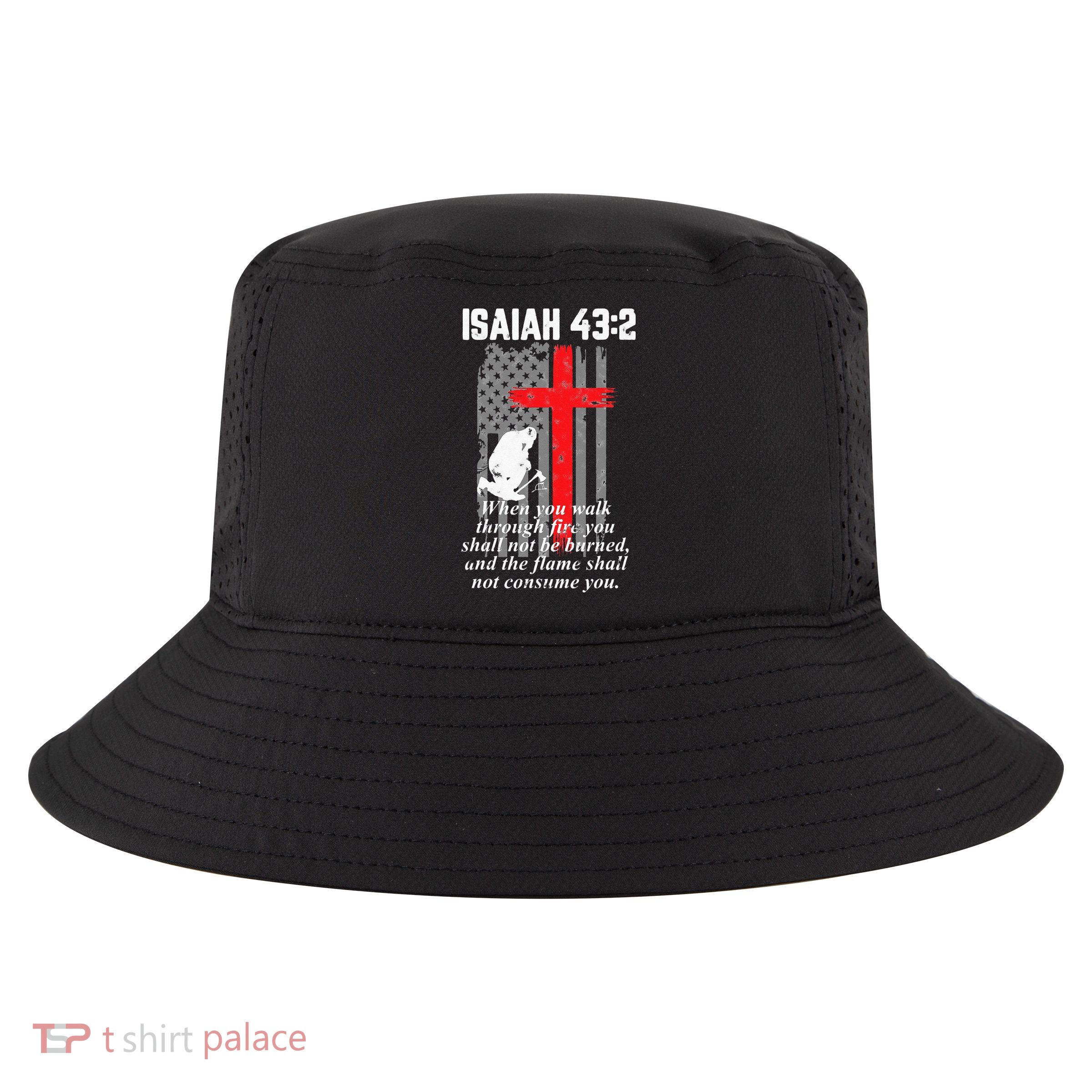 Thin Red Line Firefighter Cross Bible Verse American Flag Cool Comfort Performance Bucket Hat