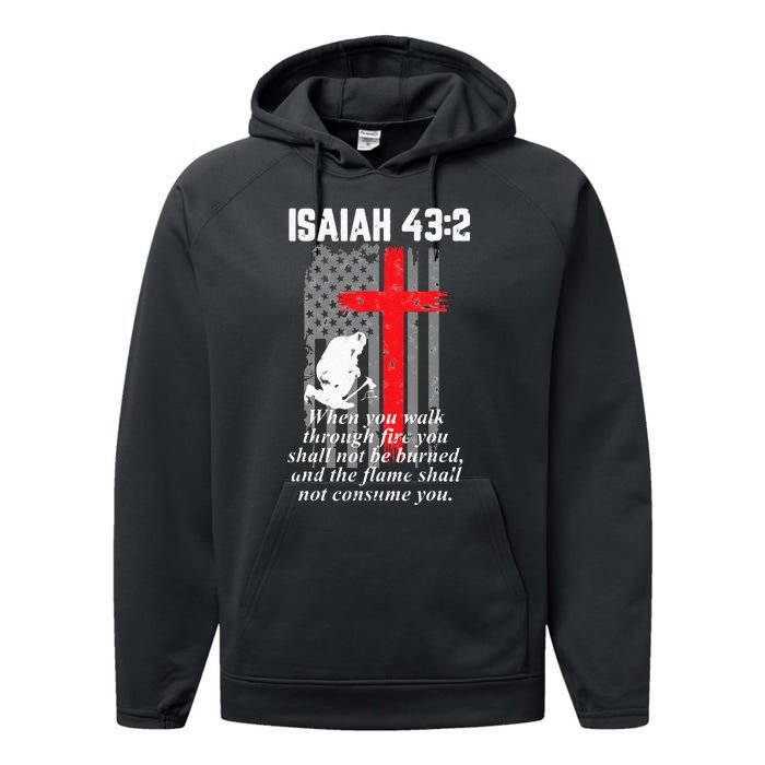 Thin Red Line Firefighter Cross Bible Verse American Flag Performance Fleece Hoodie