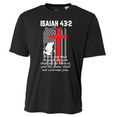 Thin Red Line Firefighter Cross Bible Verse American Flag Cooling Performance Crew T-Shirt