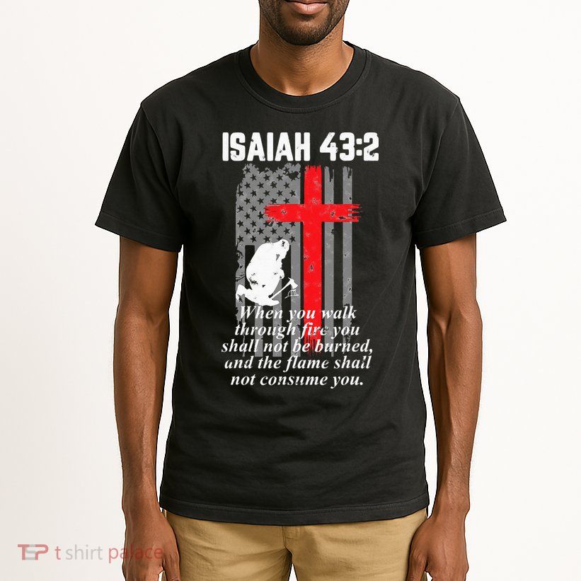 Thin Red Line Firefighter Cross Bible Verse American Flag Tall T-Shirt