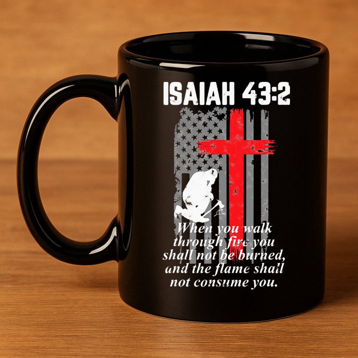 Thin Red Line Firefighter Cross Bible Verse American Flag 11oz C Handle Ceramic Mug