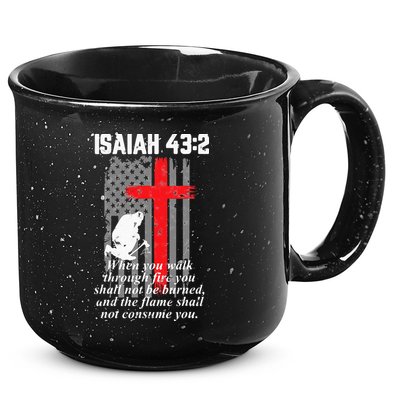 Thin Red Line Firefighter Cross Bible Verse American Flag 15oz Campfire Ceramic Mug