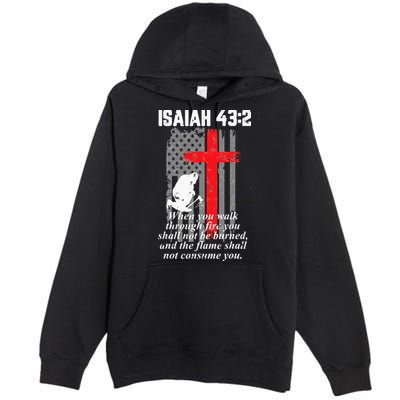 Thin Red Line Firefighter Cross Bible Verse American Flag Premium Pullover Hoodie
