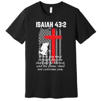 Thin Red Line Firefighter Cross Bible Verse American Flag Premium T-Shirt