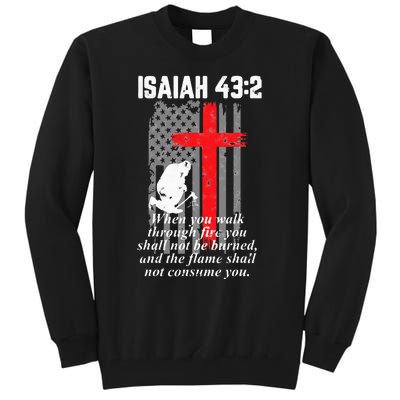 Thin Red Line Firefighter Cross Bible Verse American Flag Tall Sweatshirt