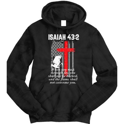 Thin Red Line Firefighter Cross Bible Verse American Flag Tie Dye Hoodie