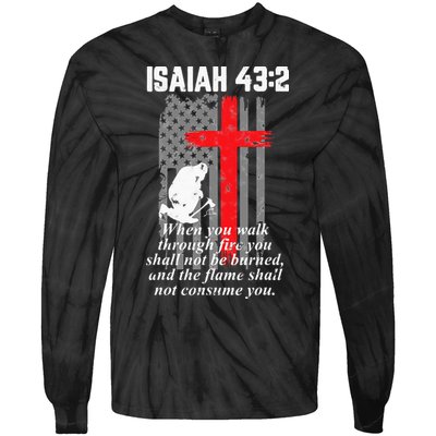 Thin Red Line Firefighter Cross Bible Verse American Flag Tie-Dye Long Sleeve Shirt