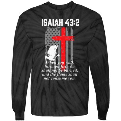 Thin Red Line Firefighter Cross Bible Verse American Flag Tie-Dye Long Sleeve Shirt