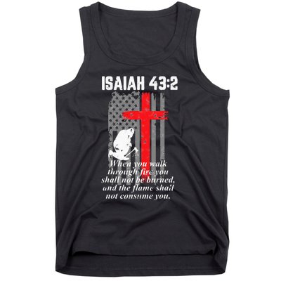 Thin Red Line Firefighter Cross Bible Verse American Flag Tank Top