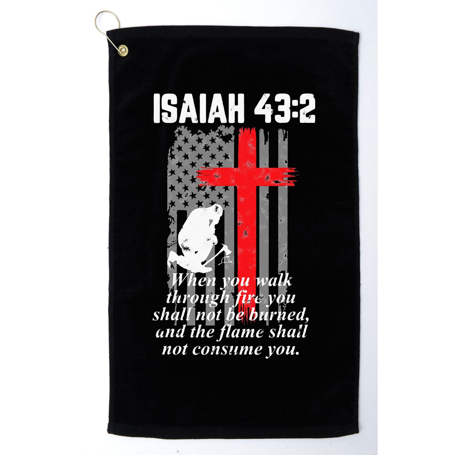 Thin Red Line Firefighter Cross Bible Verse American Flag Golf Towel